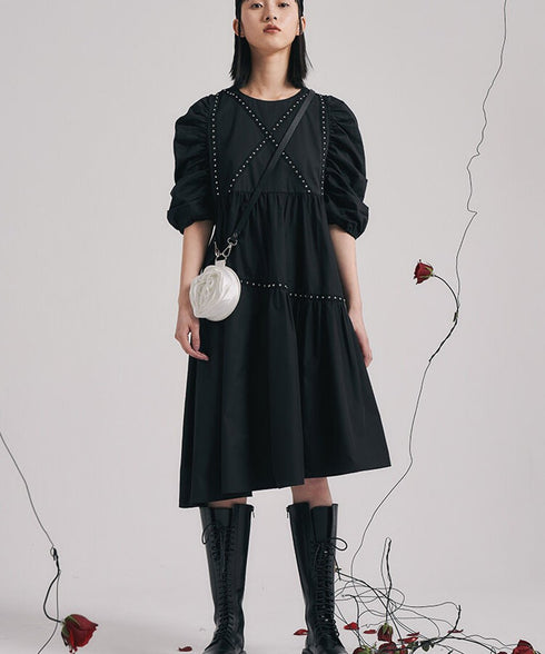 Studded Puff Sleeve Flare Dress